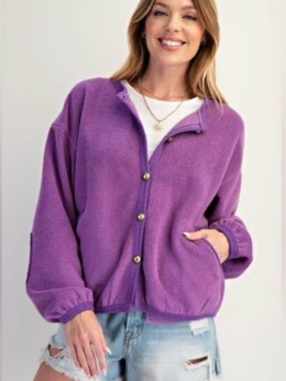 Easel SZ L NWT Button Down Soft Washed Fleece Jacket in Grape
